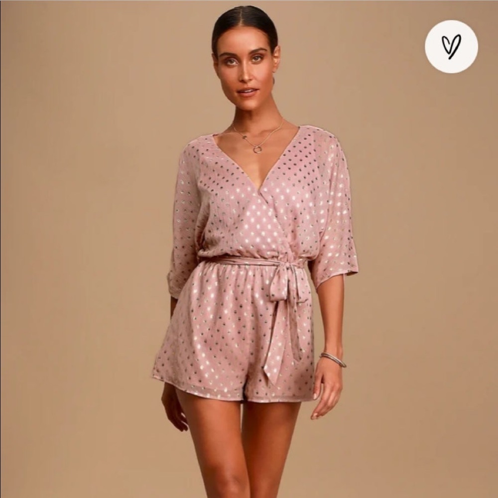 Lulus Delight at Dawn Gold and Mauve Pink Foiled Print Surplice Romper